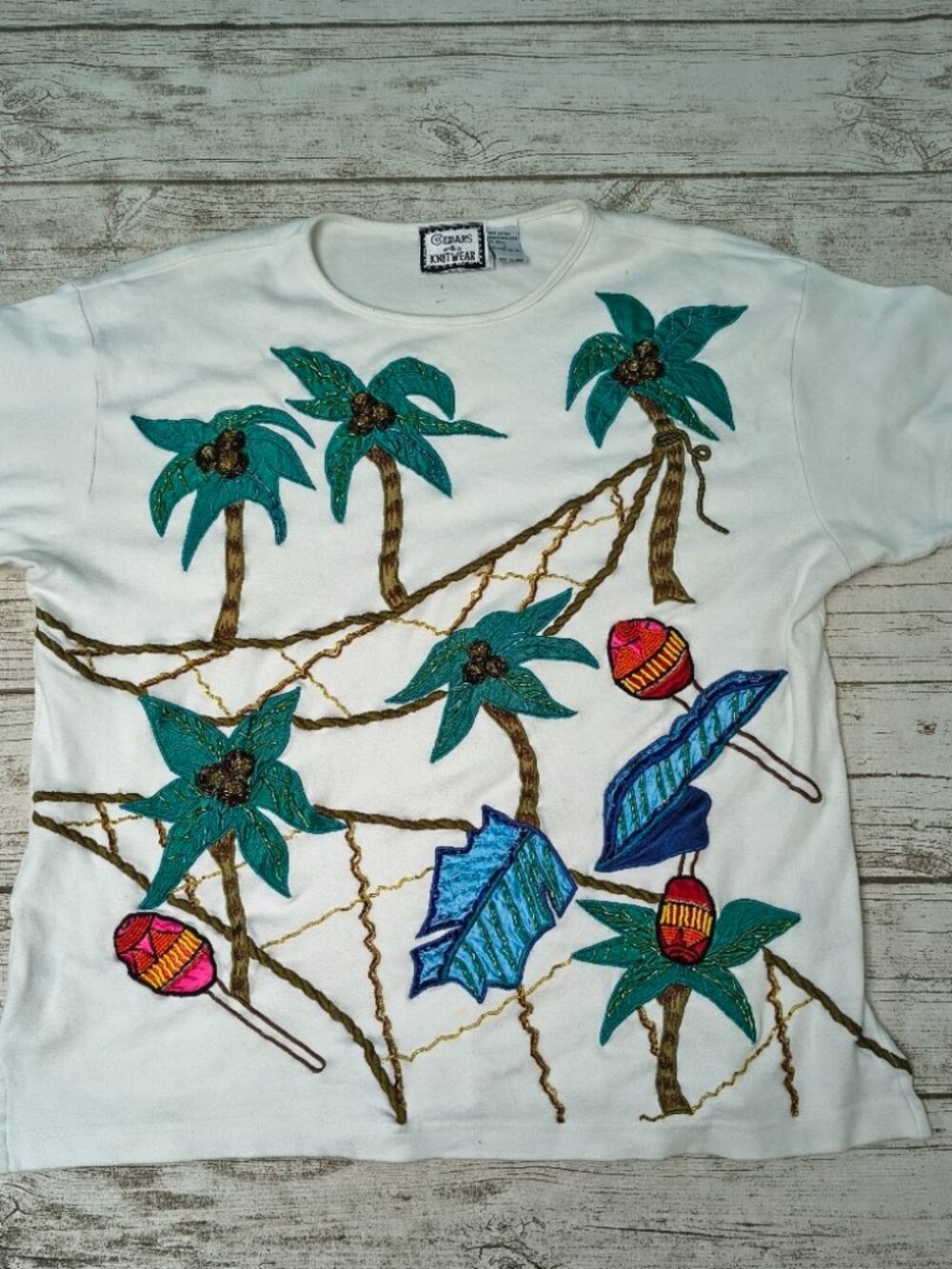 Vintage Cedars Knitwear Beaded Palm Trees Vacation Theme T Shirt Size Large